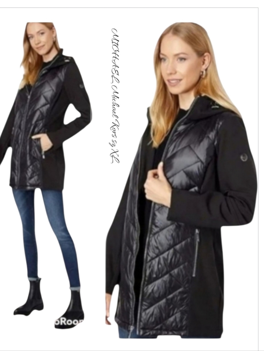 Michael Kors Navy Mixed Media Puffer Jacket Softshell Quilted Hooded XL NWT